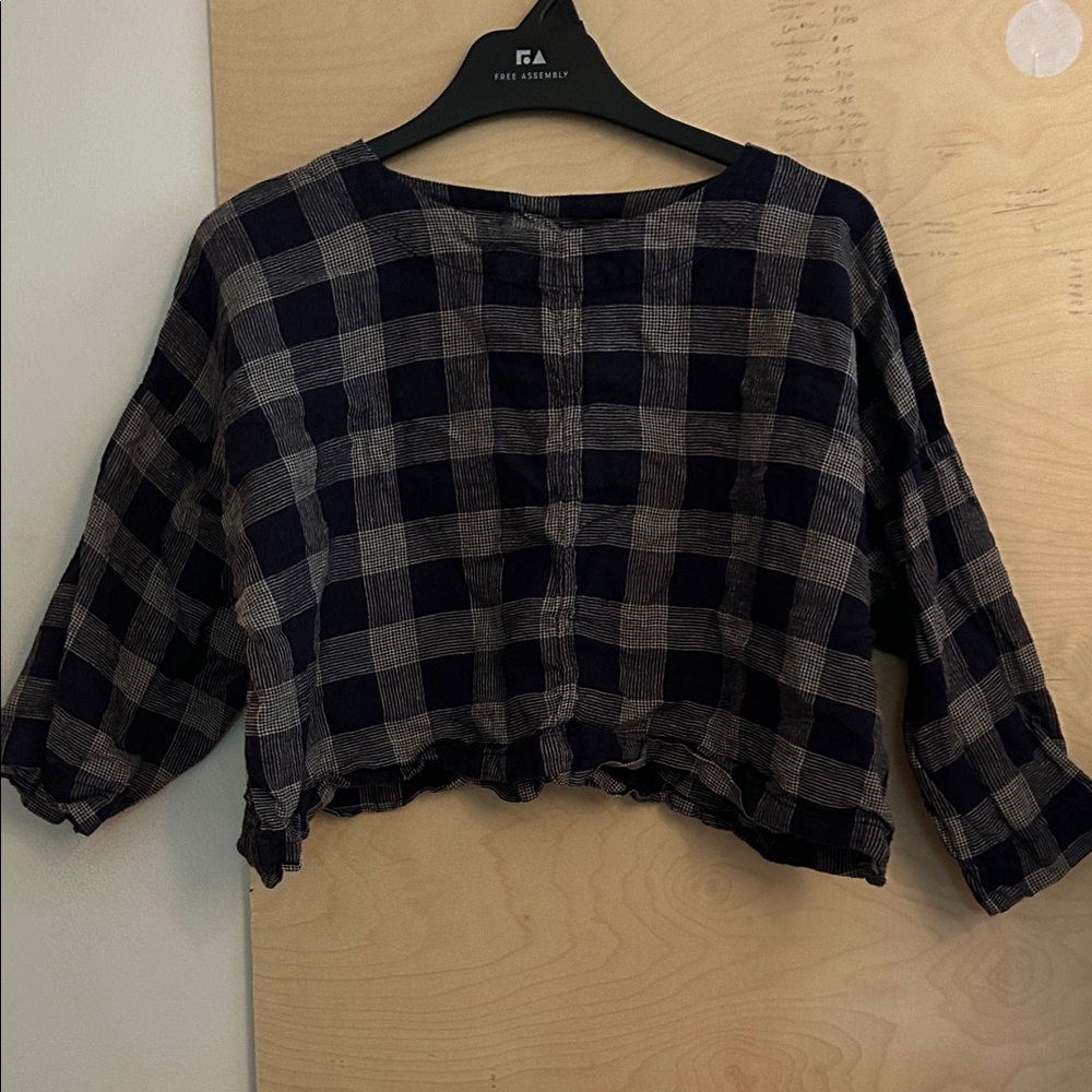 Beyond nine xxl plaid linen crop sleeve blouse